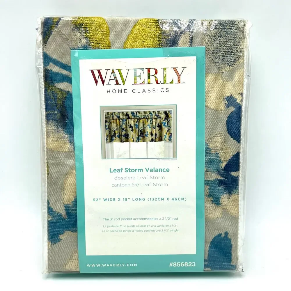 Waverly Leaf Storm Window Valance 52x18 Indigo Blue Gold Cotton Rod and Pocket